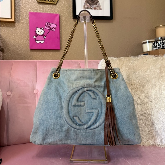 Gucci Handbags - GUCCI SOHO DENIM Shoulder Bag Tote Brown Leather Tassel & Gold Hardware